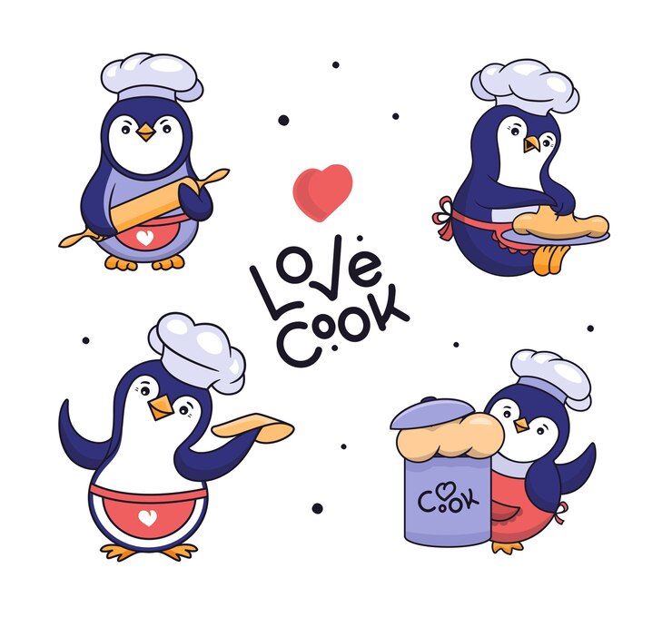 Vector conjunto de pingüinos con gorra y delantal.