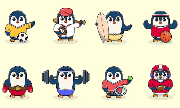 Vector conjunto de pingüinos con uniforme y usando equipo deportivo