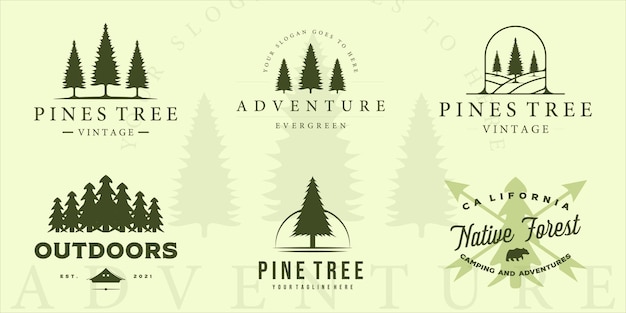 Conjunto de pino logo vintage vector ilustración plantilla icono diseño gráfico. colección de paquetes de varios pinos de plantas retro con tipografía