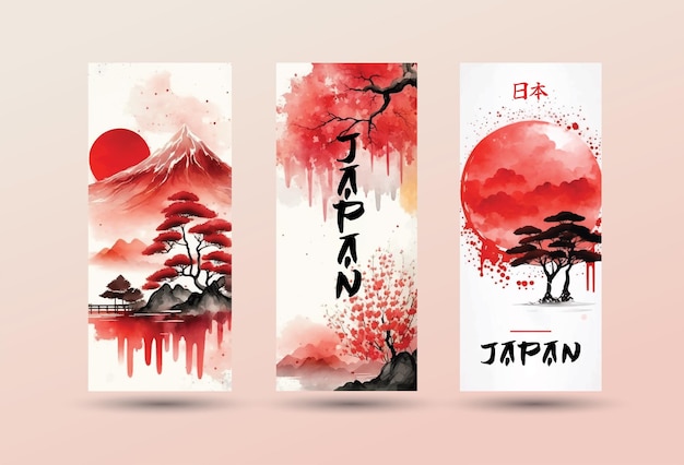 Vector conjunto de pintura de acuarela de banner de japón