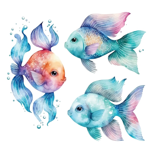 Conjunto de pintura de acuarela de peces lindos