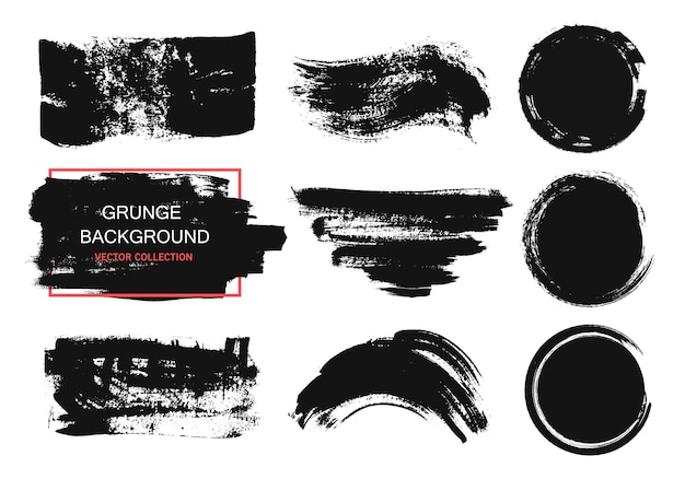 Conjunto de pinturas negras, pinturas de tinta, pinceladas, pinceles, líneas, círculos, elementos de diseño artístico sucio