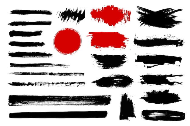 Conjunto de pinturas negras, tinta, pinceles, pincelas, líneas, elementos, cajas, marcos para el texto