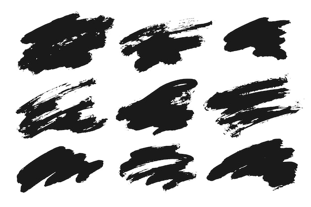 Conjunto de pinturas negras, tinta, pinceles, pincelas, líneas, elementos de diseño artístico sucio, cajas, marcos para texto