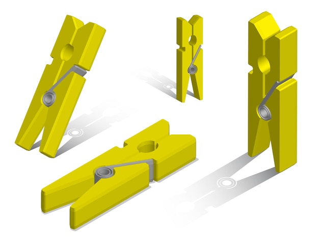 Vector conjunto de pinzas de ropa amarillas realistas en diferentes posiciones cuidado y lavado de ropa vector 3d o