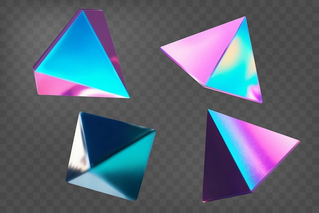 Conjunto de pirámides 3D con efecto de espejo holográfico Triángulo de gradiente Color fluido Formas de neón en colores de gradiente