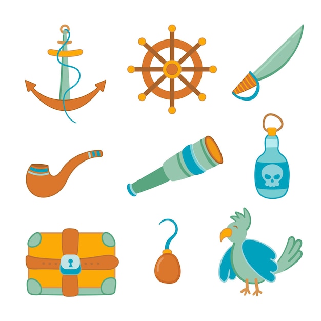 Conjunto de pirata de paquete de ilustración vectorial. Loro, pecho, gancho.