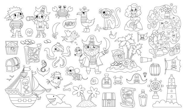 Conjunto de piratas en blanco y negro vectorial Colección de iconos de aventuras marinas de línea linda Ilustraciones de la isla del tesoro con capitán de barco marineros mapa de pecho loro mono Fiesta pirata para colorear página para niñosxA