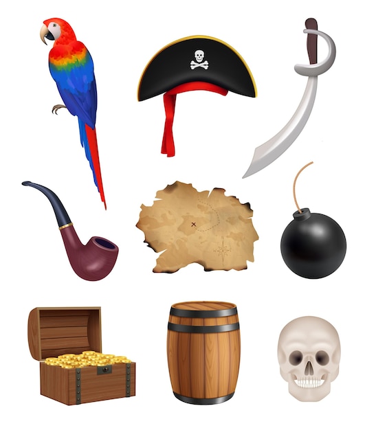 Conjunto de piratas huesos de cráneo loro viejo mapa vintage decente vector colecciones de corsarios