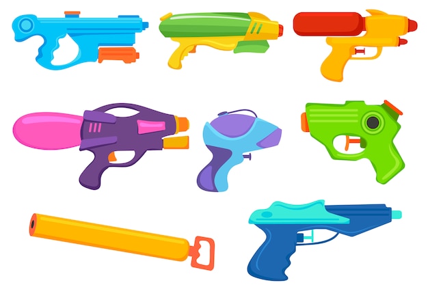 Vector conjunto de pistolas de agua. colección de pistola de agua de plástico de dibujos animados, spray de juego, etc.