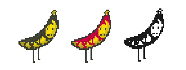 Vector conjunto de pixel art de figuras de frutas de plátano adorables personaje retro de 8 bits ilustración vectorial aislada