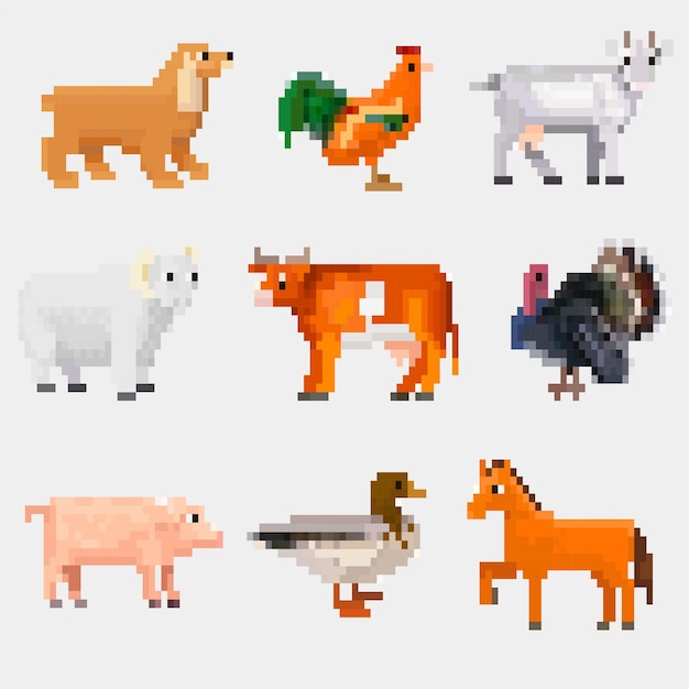 Conjunto de píxeles de mascotas animales de granja 8 bits 16 bits juego retro