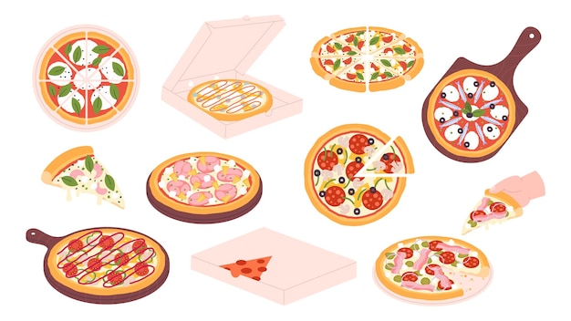 Conjunto de pizza aislada rebanada de pizzas margherita con queso Elementos de pizzería italiana Para llevar pizza en caja de cartón comida rápida vector picante clipart Ilustración de rebanada de nutrición de pizza y parte
