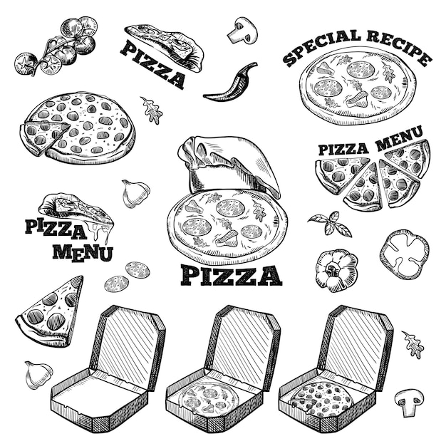 Conjunto de pizza estilo boceto dibujado a mano Diferentes tipos de pizza Entera y piezas con queso derretido