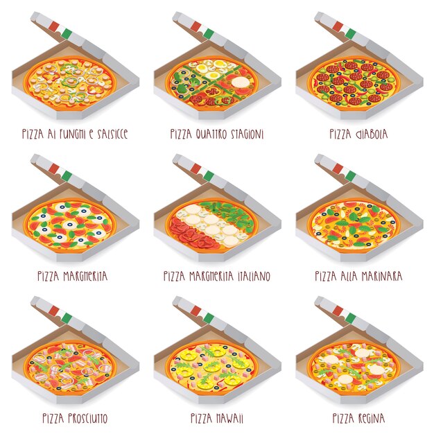 Conjunto de pizza italiana en cajas. 9 artículo. Diferentes tipos