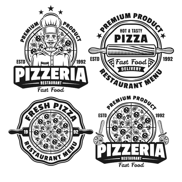 Conjunto de pizza y pizzería de cuatro emblemas vectoriales insignias etiquetas logotipos en estilo monocromo vintage aislado sobre fondo blanco