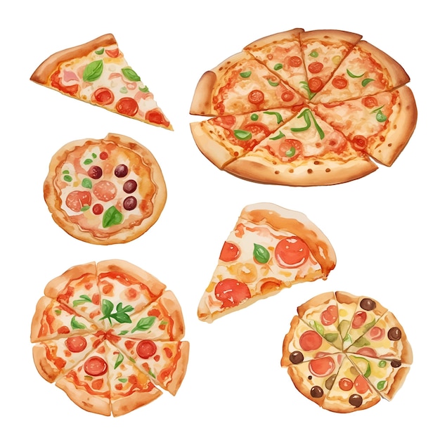 Conjunto de pizzas Ilustración dibujada a mano en acuarela aislada sobre un fondo blanco