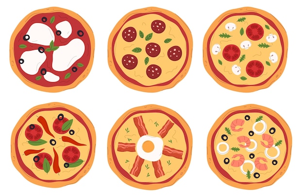Un conjunto de pizzas populares Un plato rápido y sabroso hecho de masa delgada Menú de pizza en un restaurante