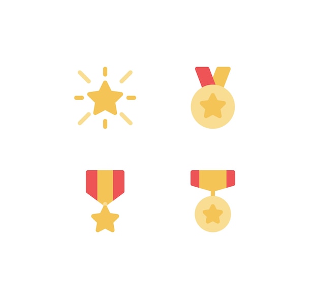 Conjunto de placa de estrella dorada y medallas con íconos de cinta roja, premio, medalla, cinta y línea plana.