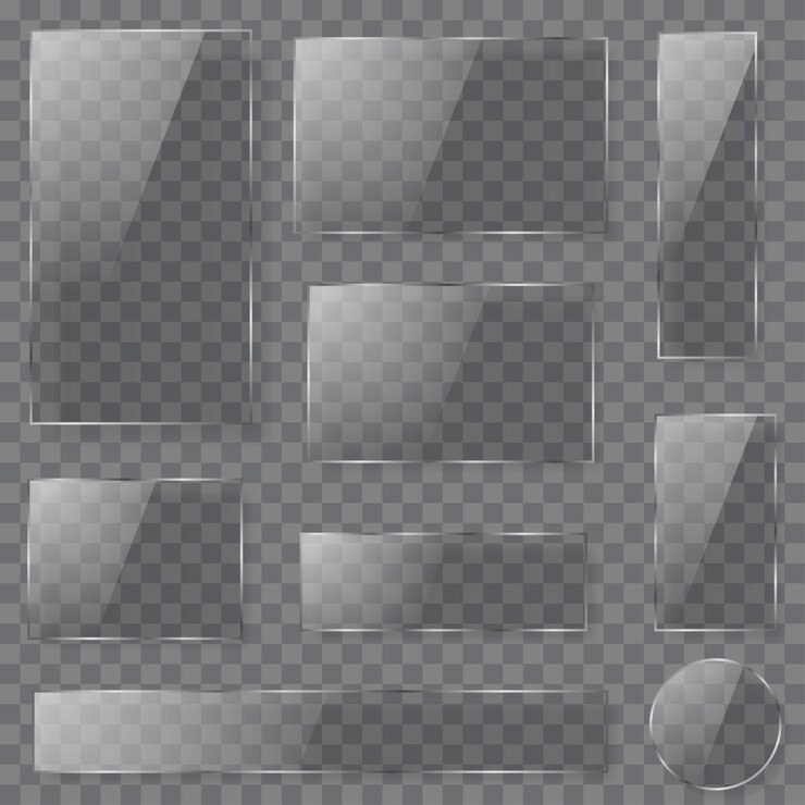 Vector conjunto de placas de vidrio transparente de diferentes formas en colores oscuros con sombras.