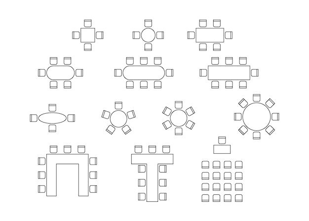 Conjunto de planes para organizar asientos en elementos de contorno gráfico de diseño interior Iconos de sillas y mesas