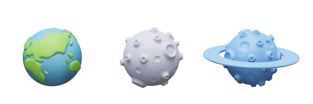 Conjunto de planetas 3D en estilo plastilina Tierra luna con cráteres planeta azul con cinturón de asteroides