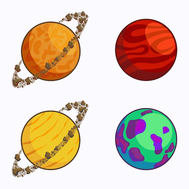Vector conjunto de planetas de dibujos animados fantasía objetos espaciales abstractos colección de ilustraciones vectoriales