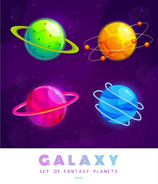 Conjunto de planetas de fantasía de dibujos animados. universo colorido. diseño del juego para el juego ui galaxy.