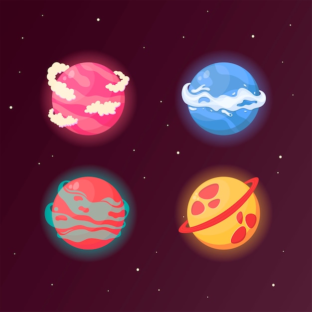Un conjunto de planetas de fantasía para el diseño de juegos y aplicaciones. Planetas con elementos de agua, gas, cráteres y nubes.