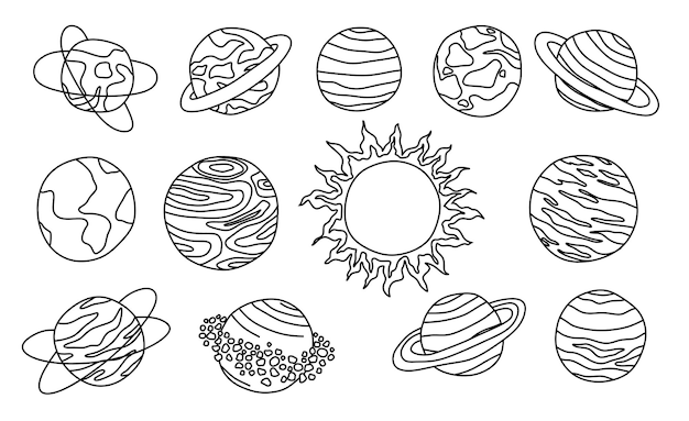 Conjunto de planetas de fantasía en estilo de esquema