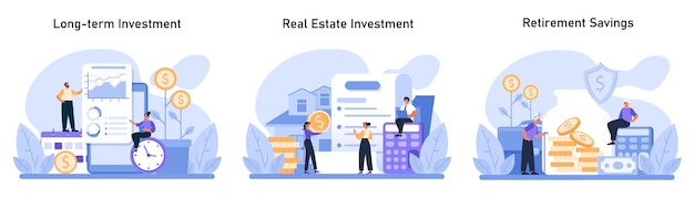Conjunto de planificación de inversiones que detalla un futuro financiero seguro a través de activos inmobiliarios de crecimiento a largo plazo