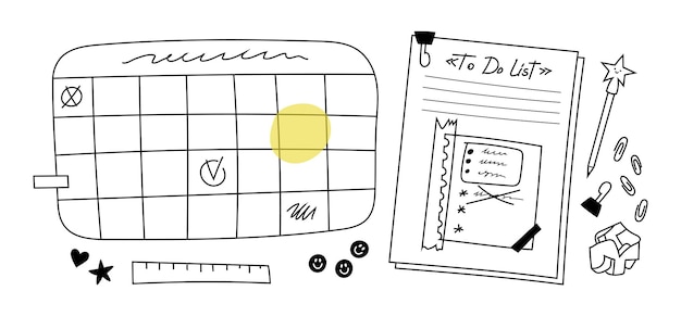 Vector conjunto de planificador de calendario dibujado y pilas de papeles con notas y papelería variada