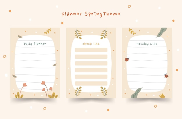 Conjunto de planificador de primavera juguetón con ilustraciones dibujadas a mano en colores nude verde pastel.