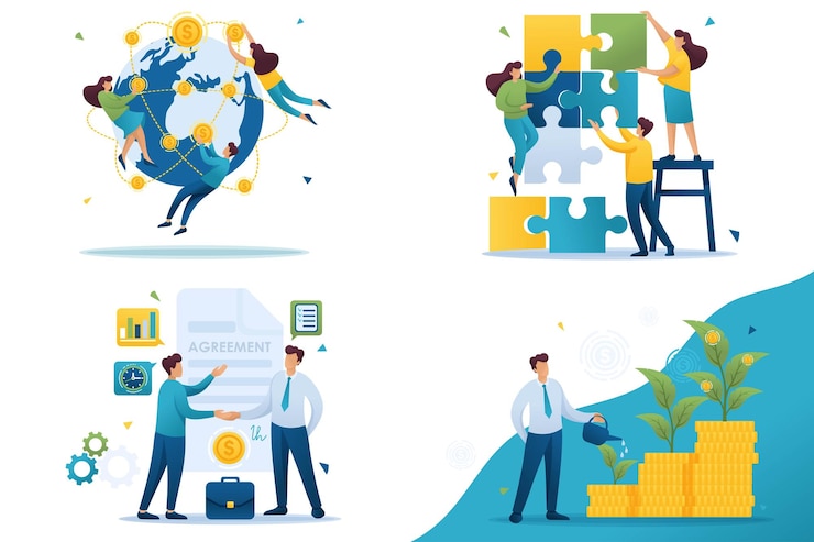 Vector conjunto plano 2d conceptos trabajo en equipo empresa de inversión inversión y crecimiento acuerdo de negocios concepto