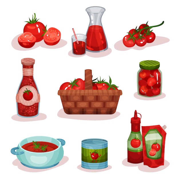 Conjunto plano de alimentos y bebidas de tomate. vegetales frescos, jugo en vaso, deliciosa sopa en una cacerola, salsa de tomate, productos enlatados