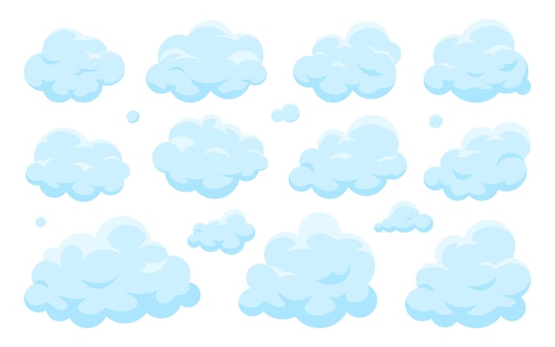 Conjunto plano azul de la nube Símbolo de clima claro de dibujos animados para la interfaz del sitio web del widget de la aplicación del juego Elemento de salpicadura de fondo de pantalla de Meteorología cielo despejado 2D Forma de asentir gratis postal libro publicidad aislada