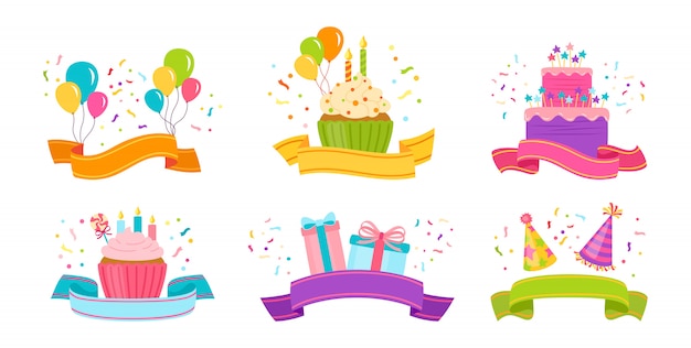 Conjunto plano de cinta de cumpleaños. Cinta de dibujos animados con presente, pastel y vela, caja de regalo o cupcake. Aislado