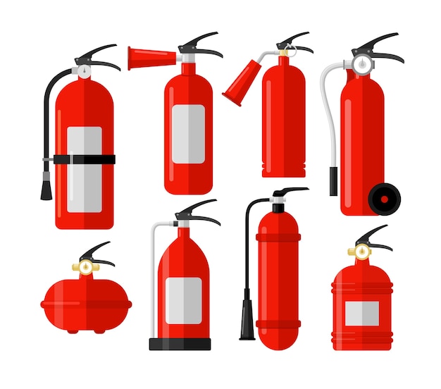 Conjunto plano colorido de extintores de incendios. Primera alerta, emergencia. Equipo de protección contra incendios