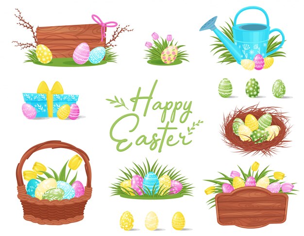 Conjunto plano de coloridos iconos de Pascua. Huevos pintados en canasta y nido, tablas de madera, caja de regalo y regadera