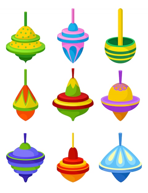 Conjunto plano de coloridos molinetes. Juguete tradicional para niños. Peonza de plástico sobre fondo blanco.
