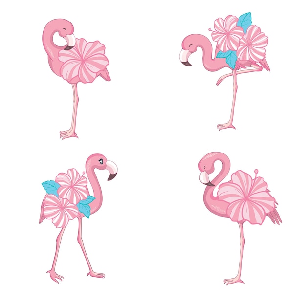 Conjunto plano de dibujos animados de vector de flamenco rosado. colección de iconos de aves tropicales exóticas aislado sobre fondo blanco.