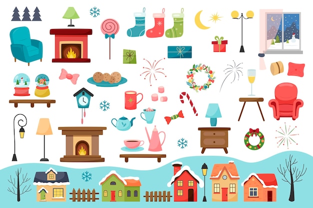 Conjunto plano de elementos navideños. Casas, sillón, chimenea, platos, ventana, piruleta, regalos, corona