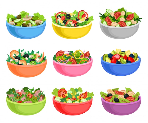 Vector conjunto plano de ensaladas de frutas y verduras. apetitosos platos de productos frescos. comida orgánica y saludable