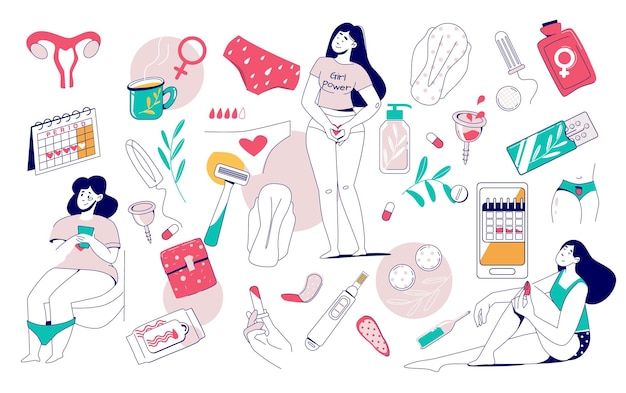 Vector conjunto plano de higiene femenina de personajes femeninos de estilo de boceto aislado órganos internos productos sanitarios y sanitarios ilustración vectorial