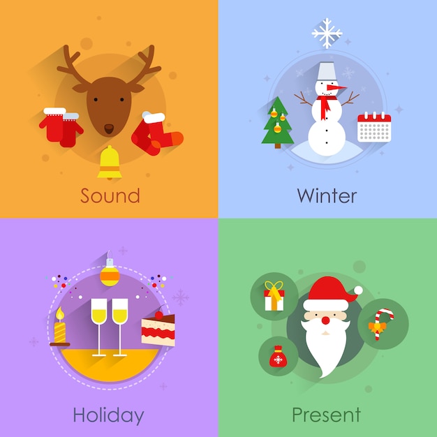 Conjunto plano de iconos de navidad con vacaciones sonido invierno presente aislado vector ilustración