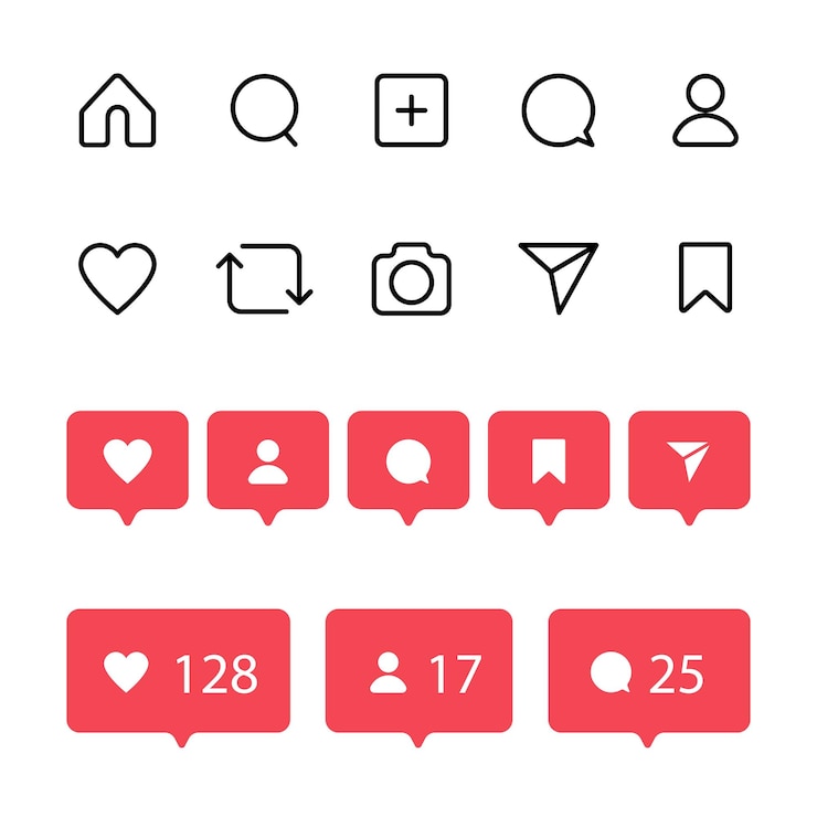 Vector conjunto plano de iconos y notificaciones de instagram