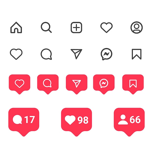 Conjunto plano de iconos y notificaciones de redes sociales de instagram