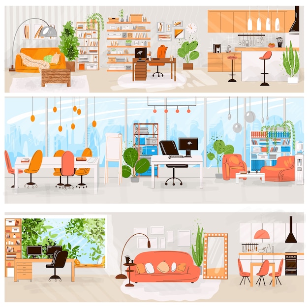 Conjunto plano de interior de hogar y oficina: interior de sala de estar, cocina, lugar de trabajo de oficina, sofá cómodo, tv, ventana, silla y plantas de interior, colección de muebles planos.
