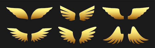 Conjunto plano de logotipo heráldico de oro metálico de ala de ángel