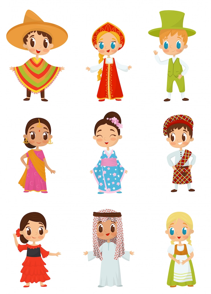 Vector conjunto plano de niños pequeños en diferentes trajes nacionales. niños y niñas con ropa tradicional.